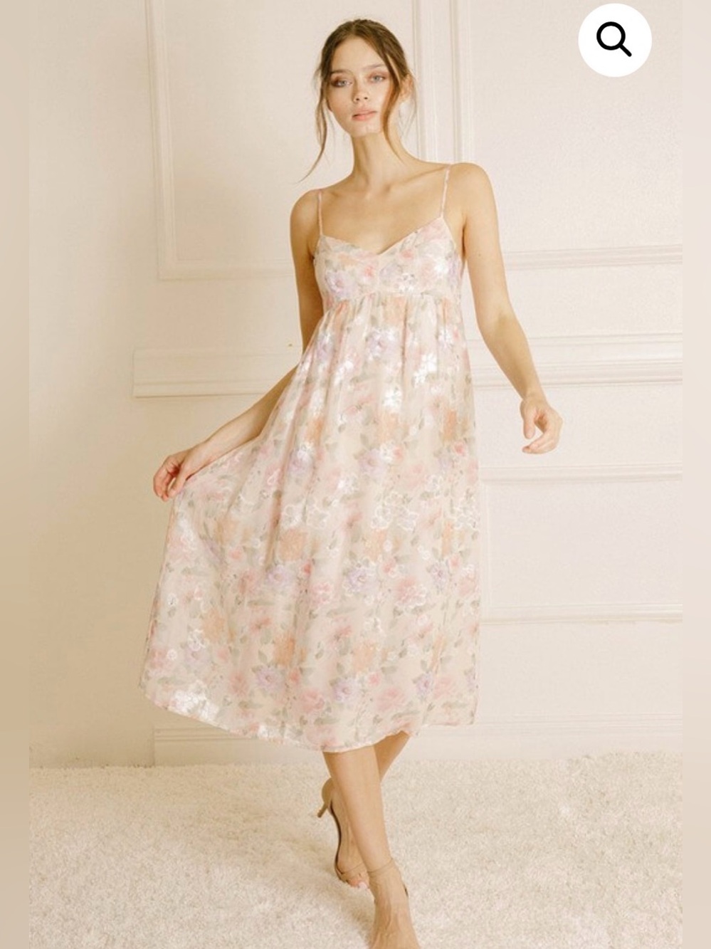 Storia Light Pink Metallic Floral Midi Dress Cottagecore romantic dainty fairy
